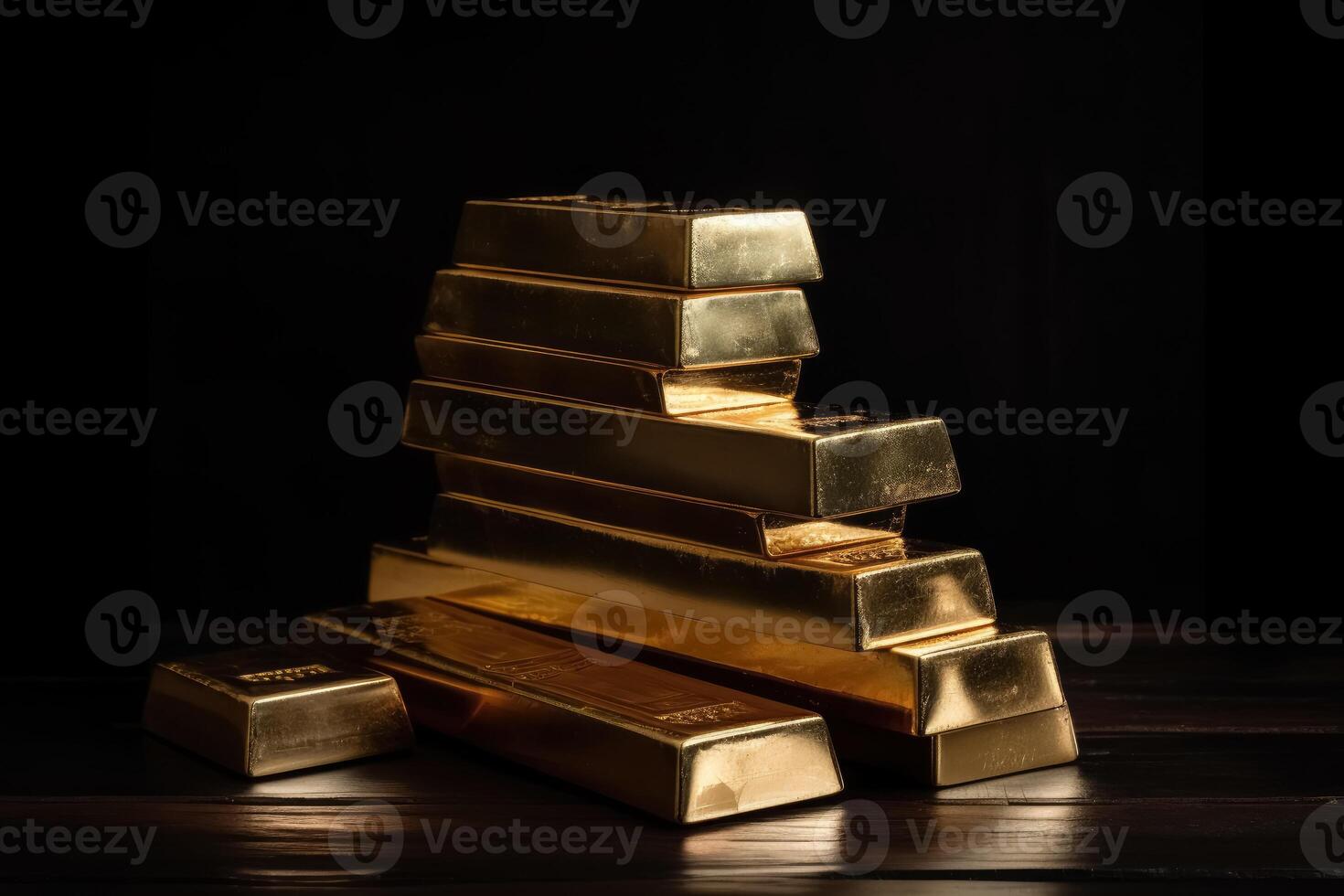 A stack of gold bars on a dark tabletop created with technology. photo