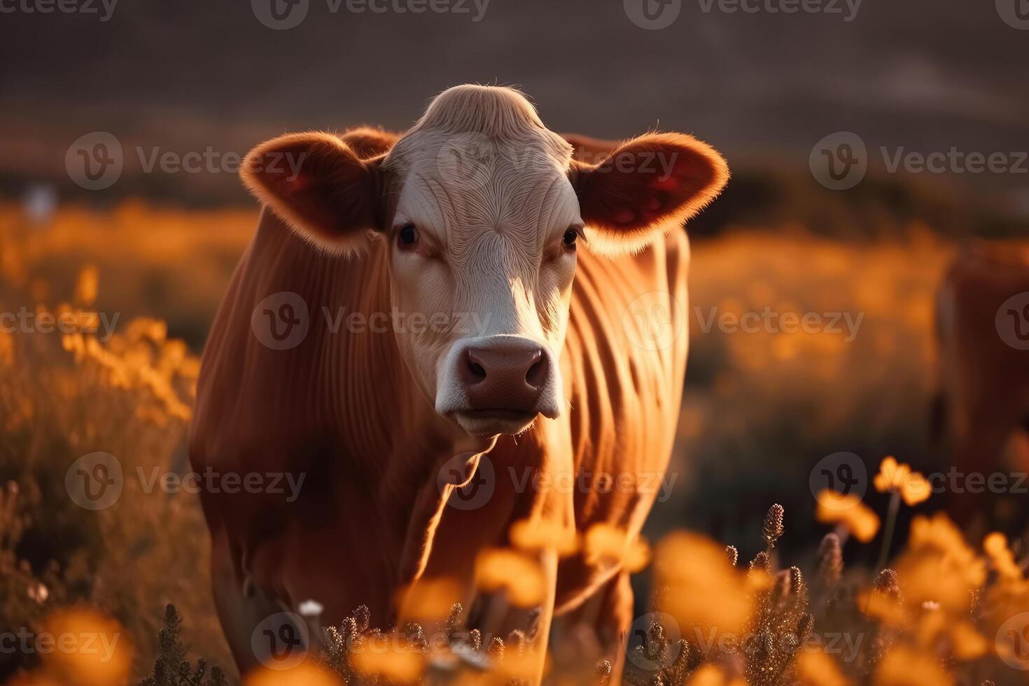 A cow on a field with some flowers created with technology. photo