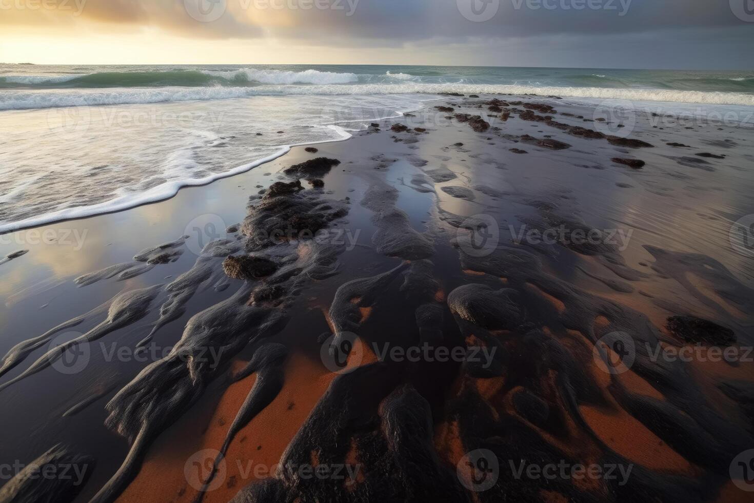 A huge oil spill at the coast of a paradise beach created with technology. photo