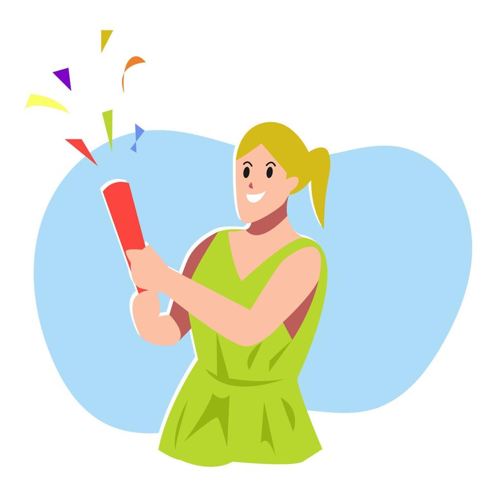 girl holding and blowing party popper confetti. concept of party, birthday, event, celebration. flat vector design illustration.