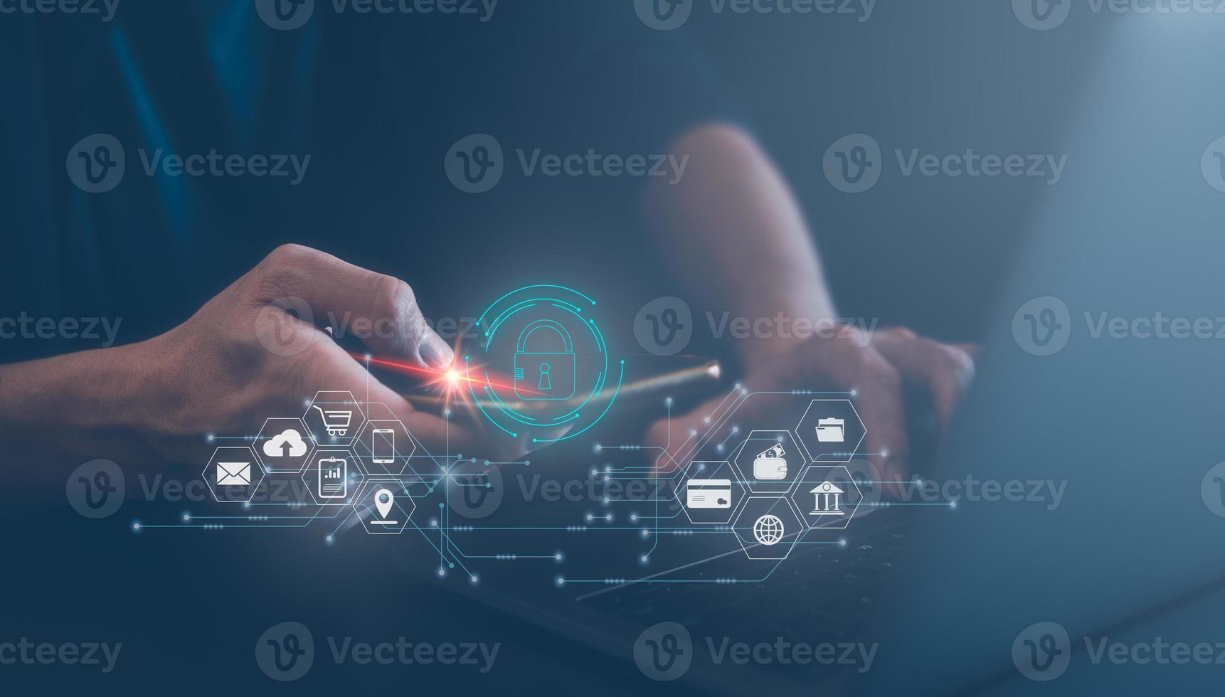 Cyber security network concept. Padlock icon and internet technology networking. Businessman protecting personal information on tablet and virtual interface. Data protection privacy financial data. photo