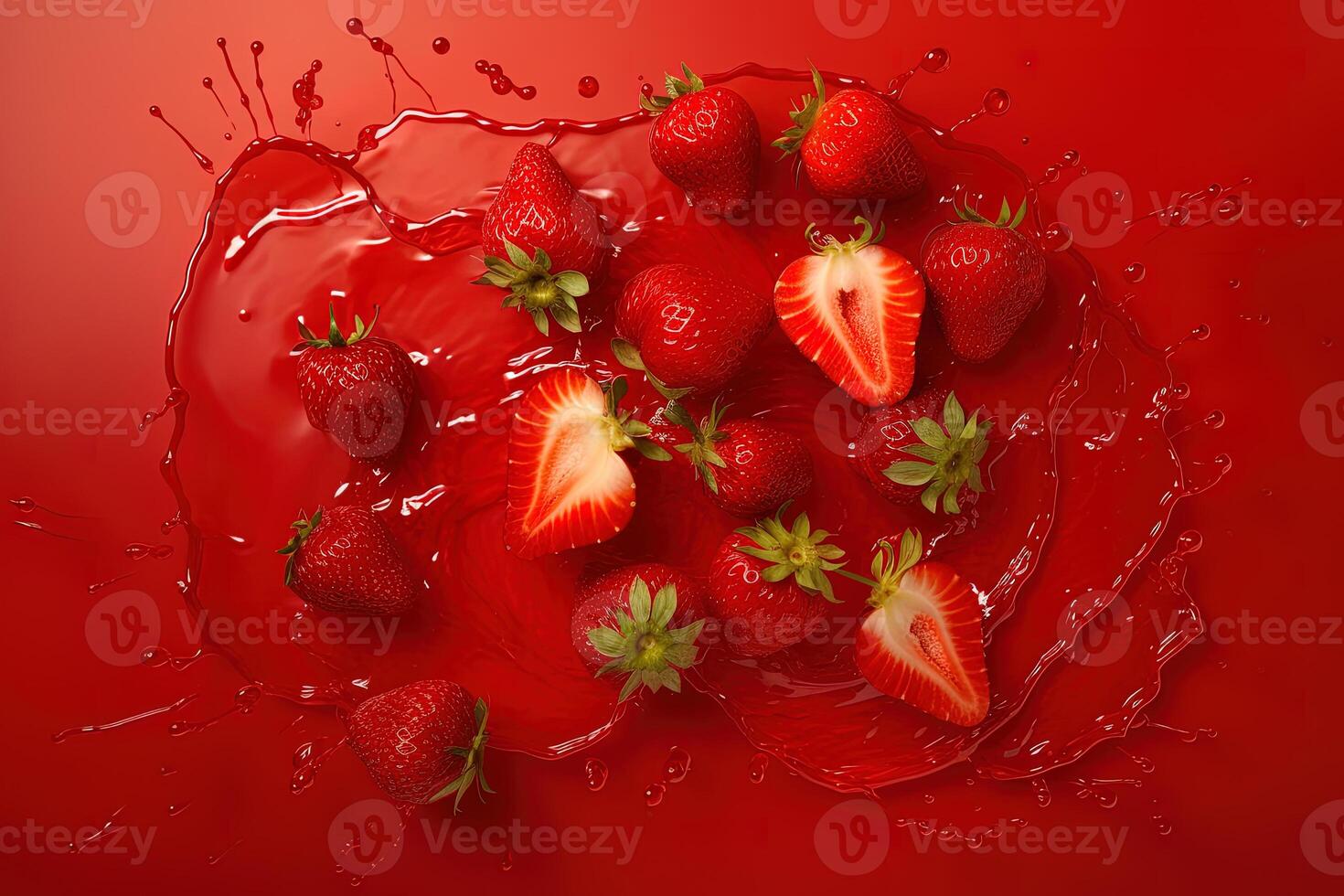 Top view of a group of strawberries splashing into a strawberry juice. photo