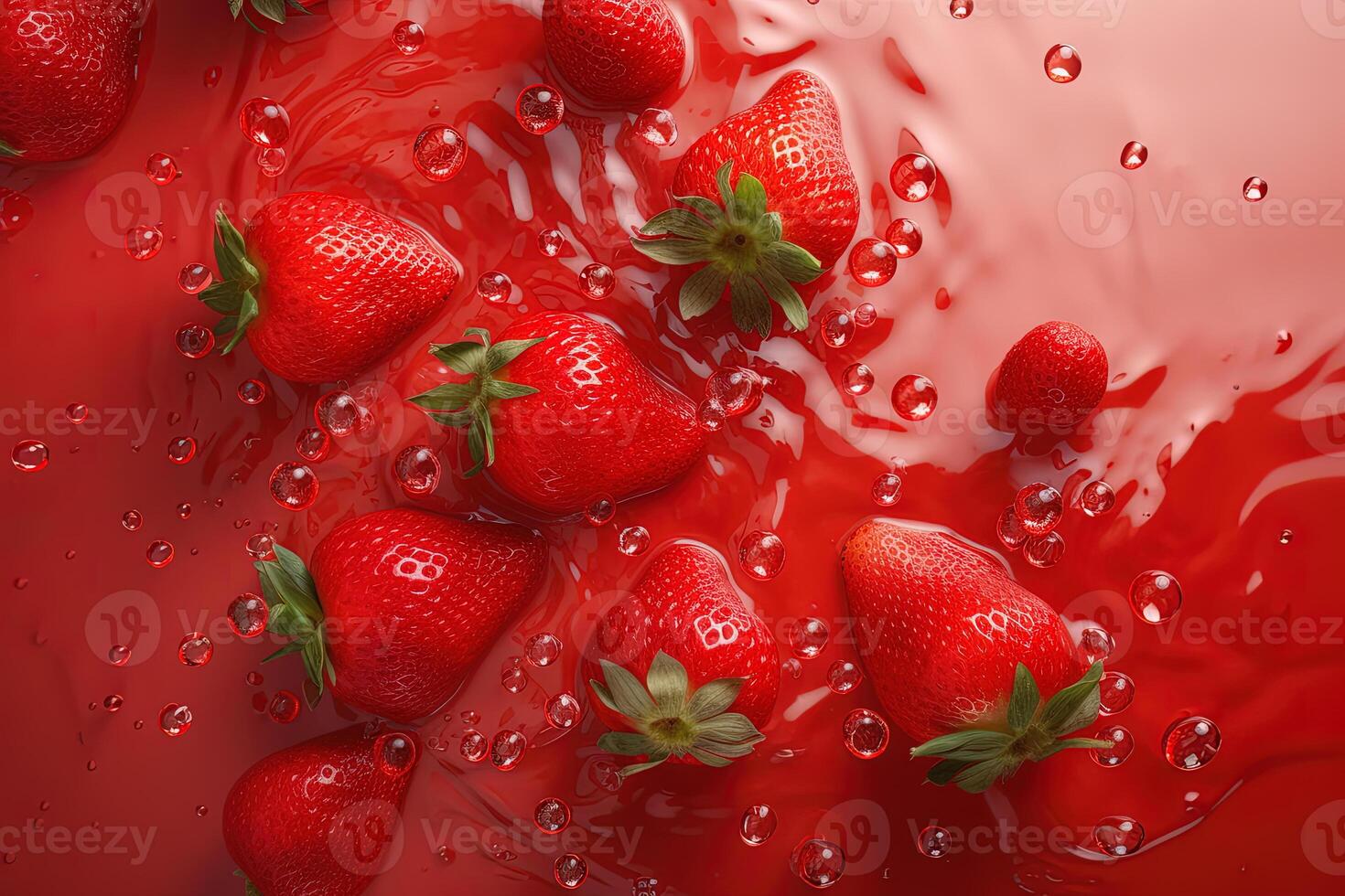 parte superior ver de un grupo de fresas salpicaduras dentro un fresa jugo. ai generado foto