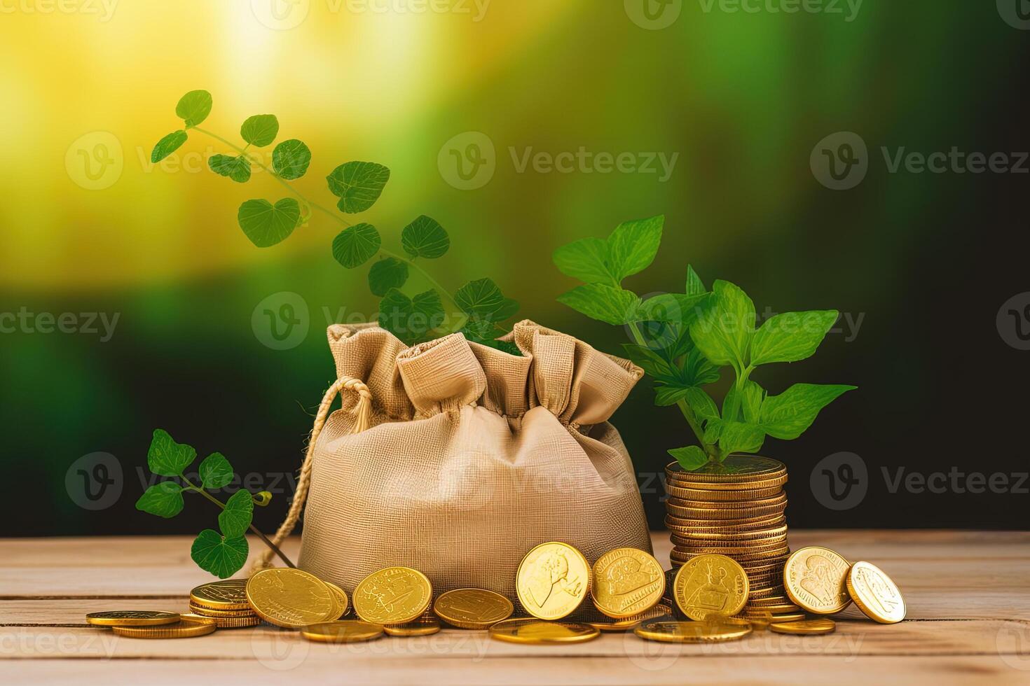 a bag of gold coins with a plant growing out of it. photo