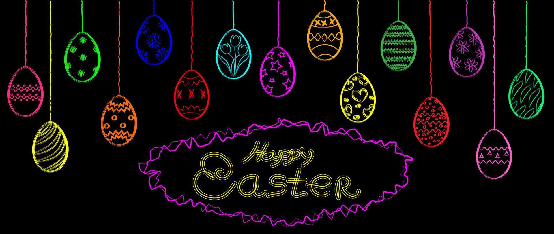 Postcard baner happy easter. Easter eggs contour bright color, black background. EPS10 vector. vector