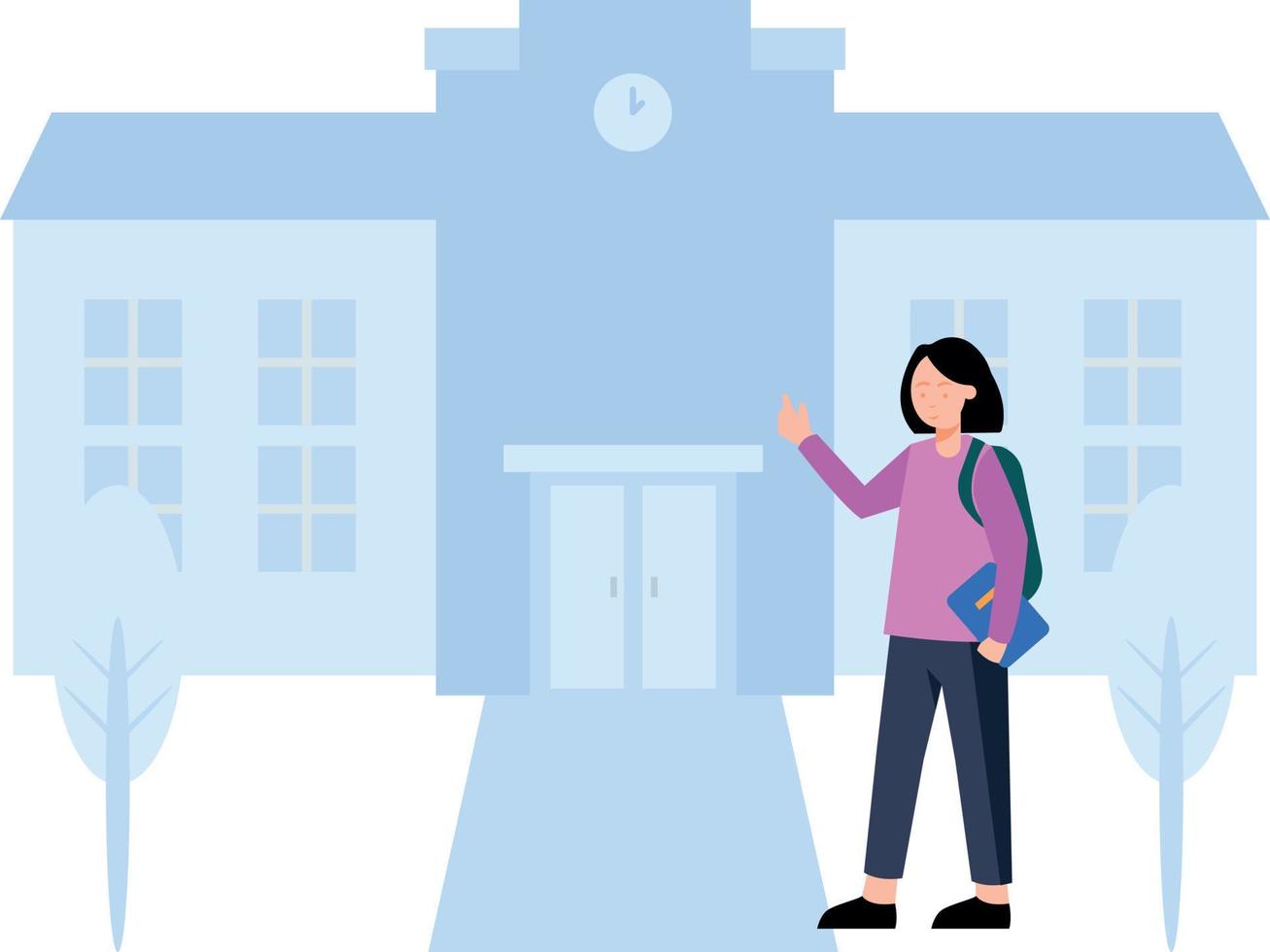 The girl is standing outside the school. vector