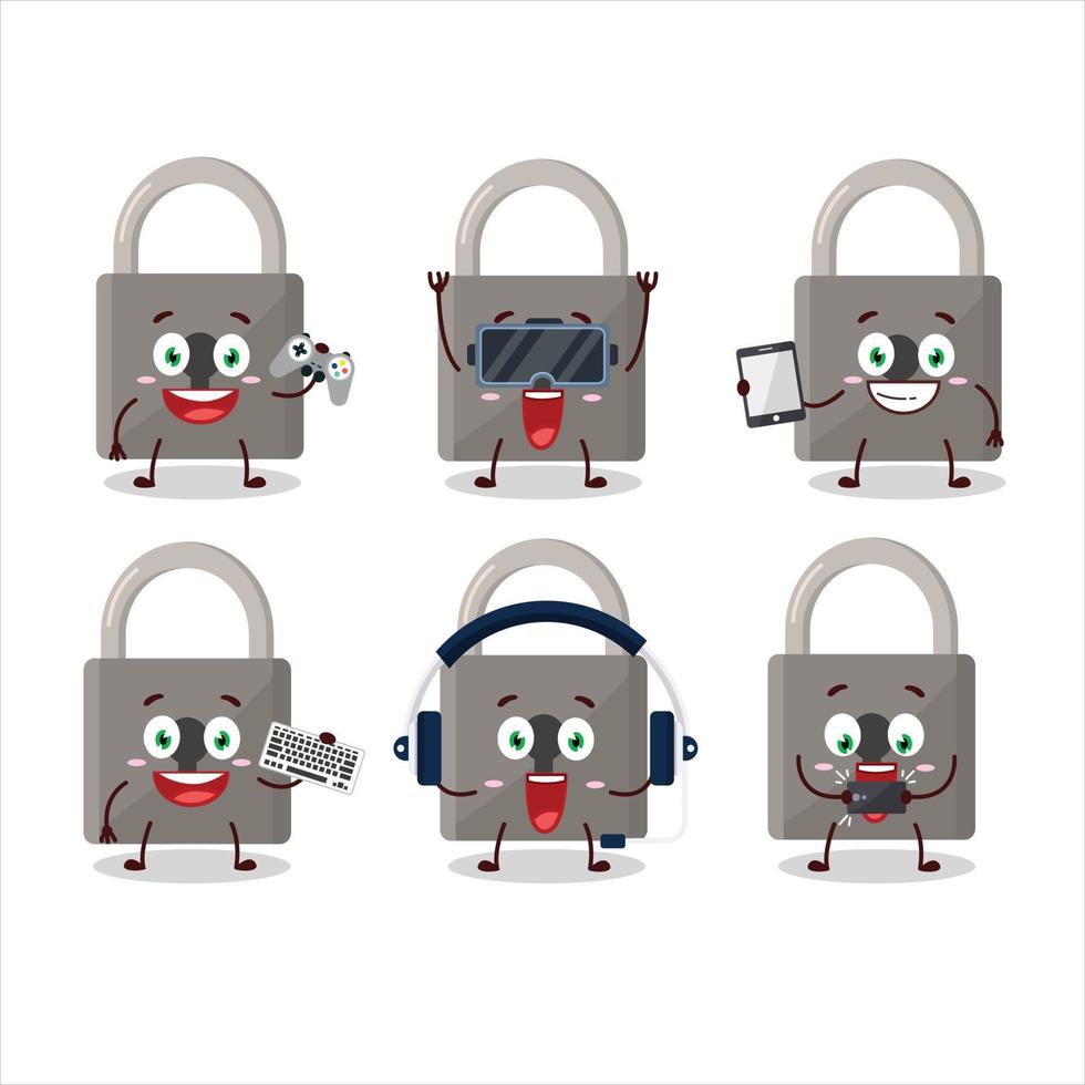 Lock cartoon character are playing games with various cute emoticons vector