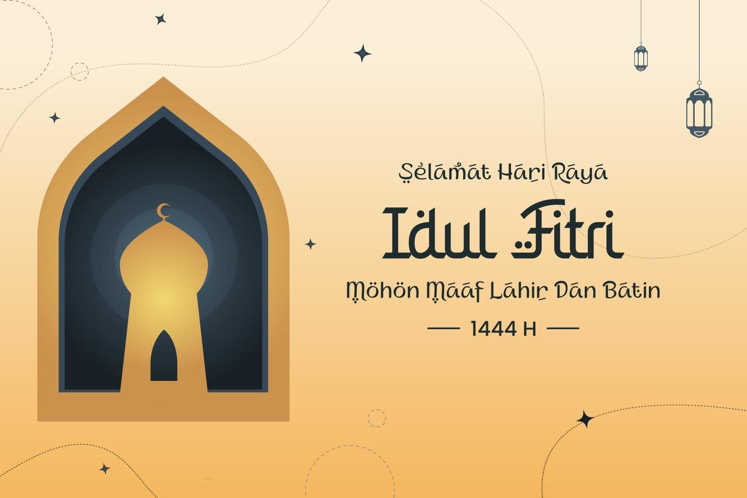 Happy Eid Al Fitr 1444 H written in Bahasa script can be used as a greeting card, banner and poster. Selamat Hari Raya Idul Fitri Meaning Happy Eid Mubarak. vector illustration.