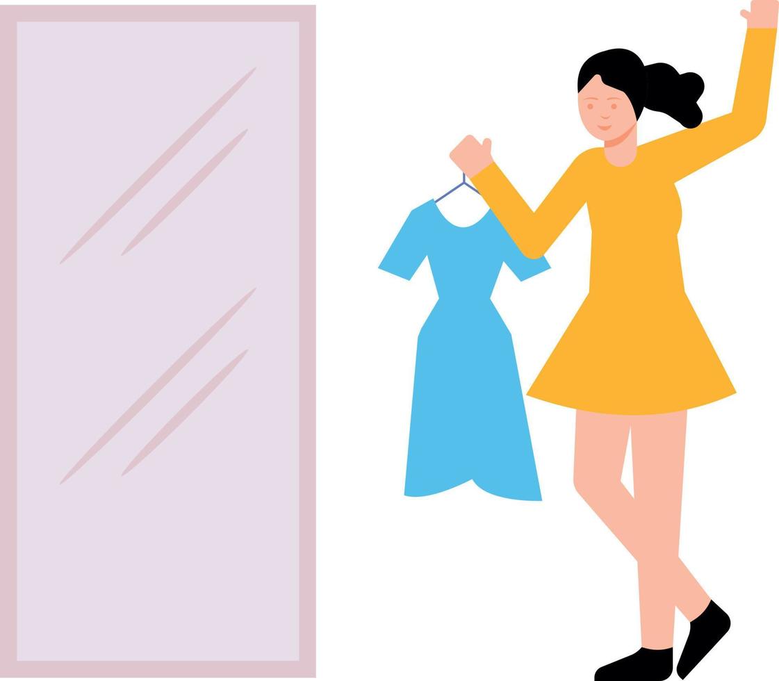 The girl is holding a dress and looking in the mirror. vector