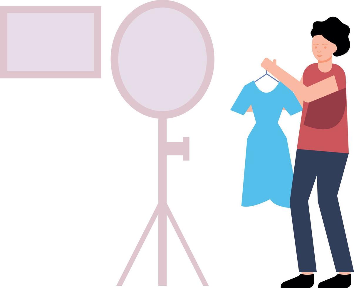 A girl is trying on a dress in front of a mirror. vector