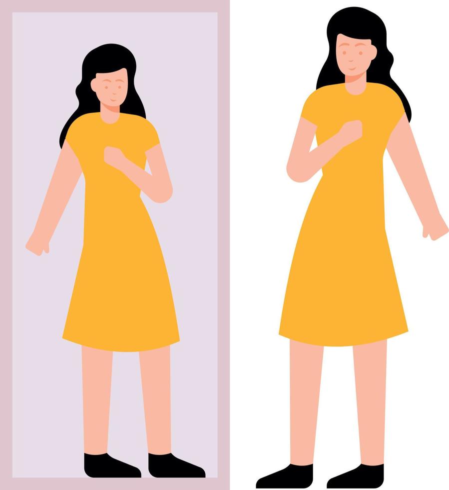 The girl is wearing a dress and looking in the mirror. vector