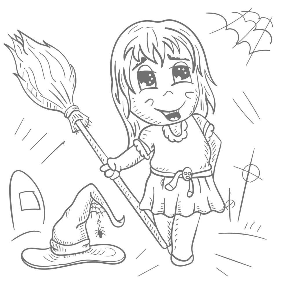 A little funny man in Chibi clothes holds a broom and stands next to a witch hat contour vector illustration in the style of a doodle