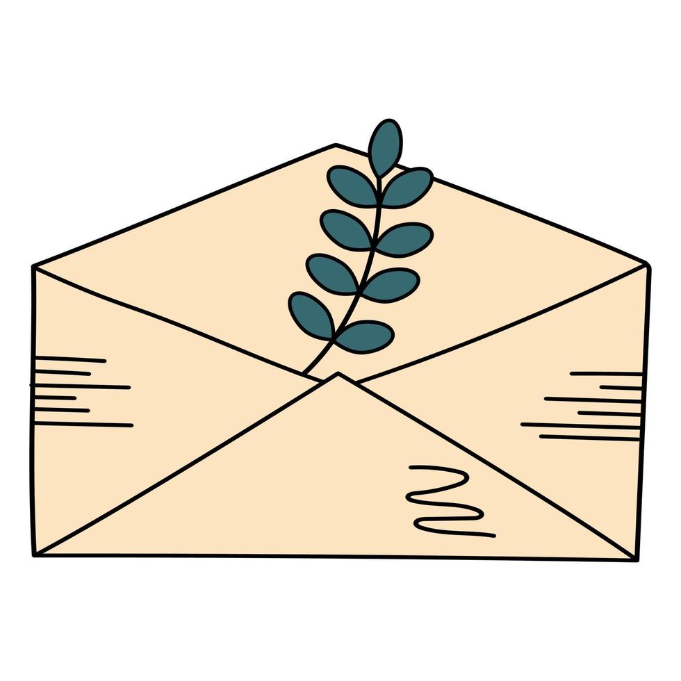 Doodle envelope with twig. Postal vintage element. Mail icon. vector