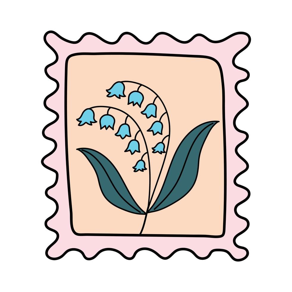 Doodle postage stamp with lily of the valley. Postal vintage element. Mail icon. vector