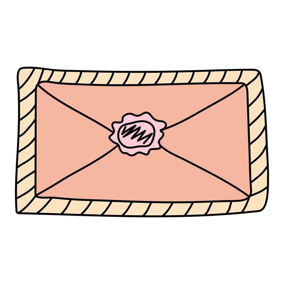 Doodle envelope with wax seal. Postal element. Mail icon. Vector illustration.