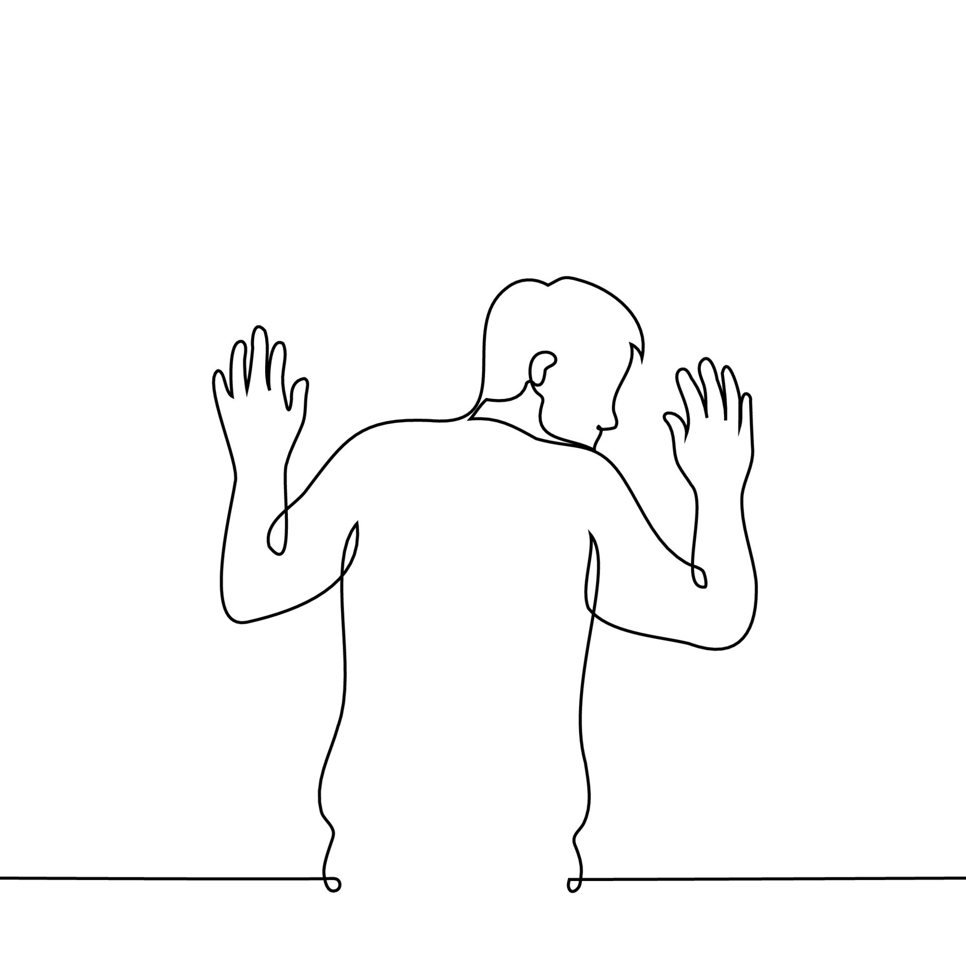 man standing with his ear and palms against the wall one line drawing