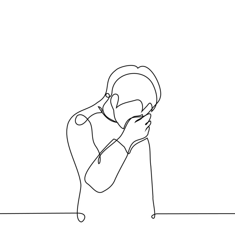 man tilted his head and covered his face with his hand - one line drawing vector. the concept of shame, cringe, facepalm, covering the nose from the stench, crying, hiding tears vector