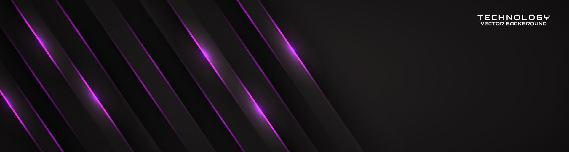 3D black techno abstract background overlap layer on dark space with purple light line effect decoration. Modern graphic design element cutout style concept for banner, flyer, card, or brochure cover vector