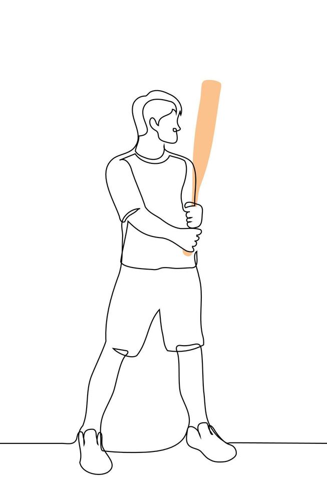 hombre en pantalones cortos y camiseta soportes en un estante Listo a parar un soplar con un de madera murciélago - uno línea dibujo vector. concepto formación para béisbol vector