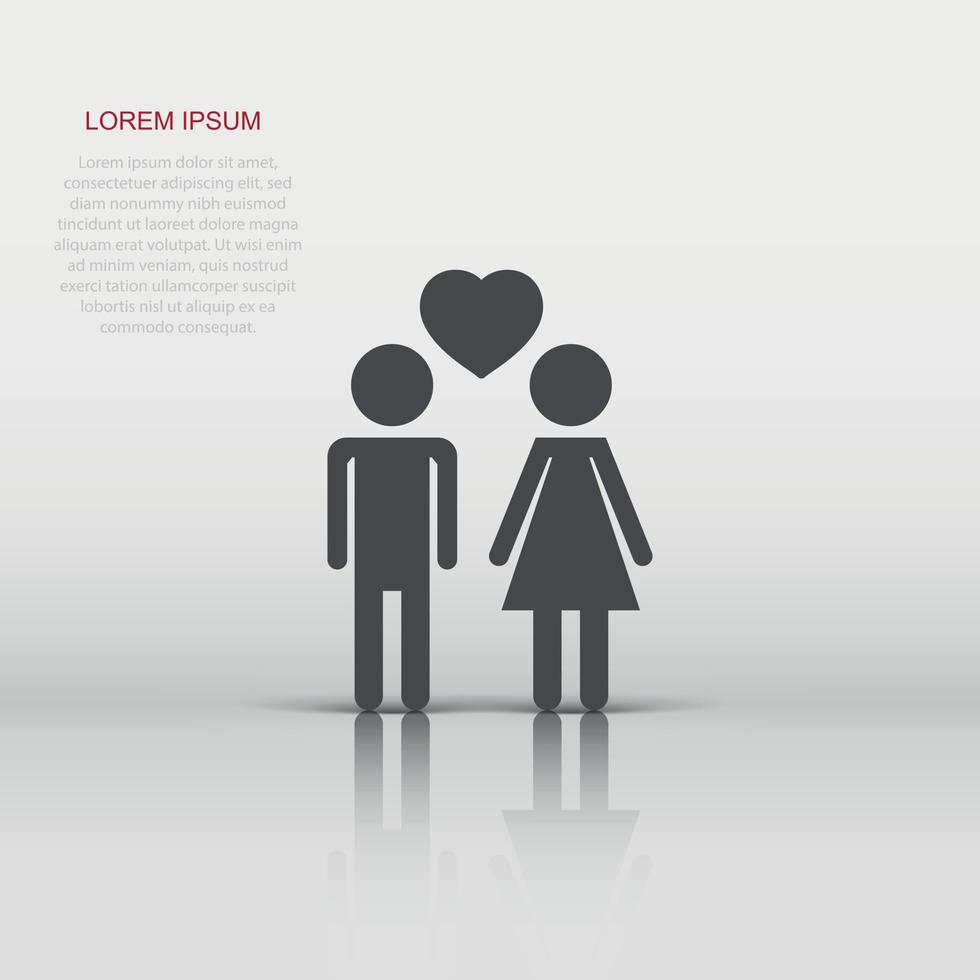 Vector man and woman with heart icon in flat style. People sign illustration pictogram. Relations business concept.