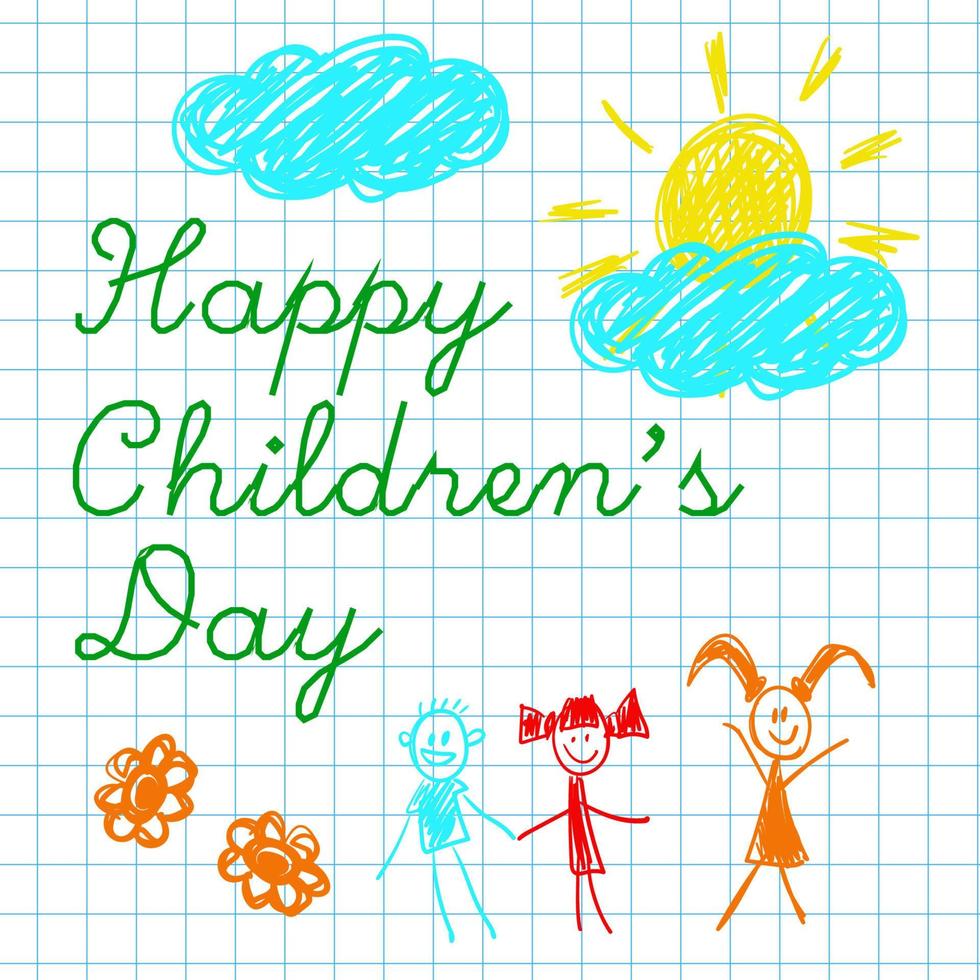 póster con cuaderno papel y linda garabatear dibujo de contento niños y preceptos a celebrar niños s día. vector