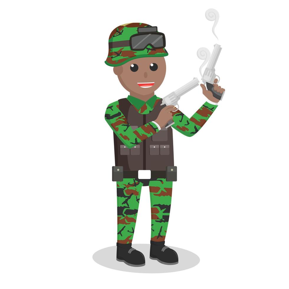 Ejército hombre africano con doble pistola diseño personaje en blanco antecedentes vector