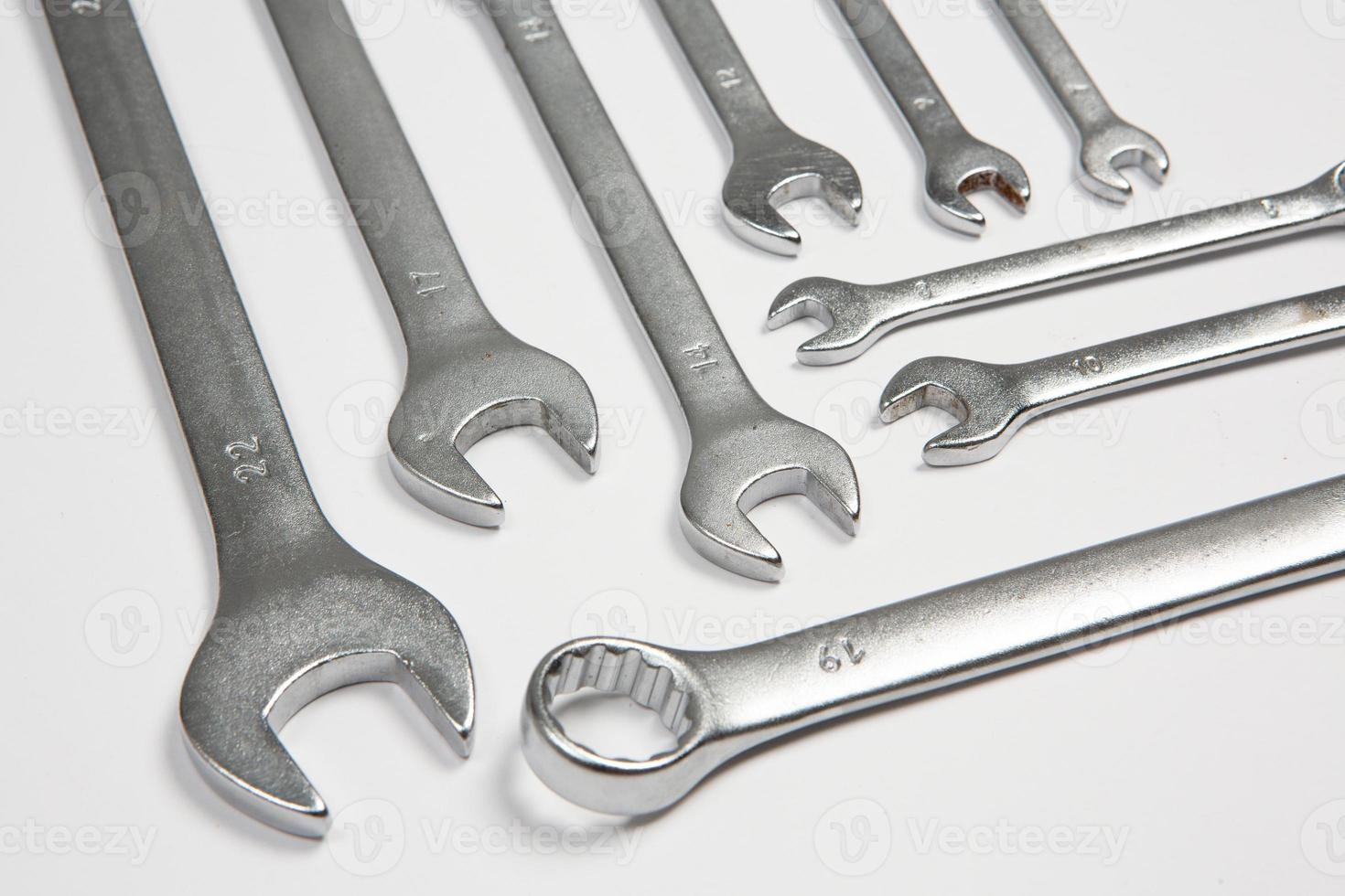 Set of tools for repair in a case on a white background. Assorted work or construction tools. Wrenches, Pliers, screwdriver. Top view photo