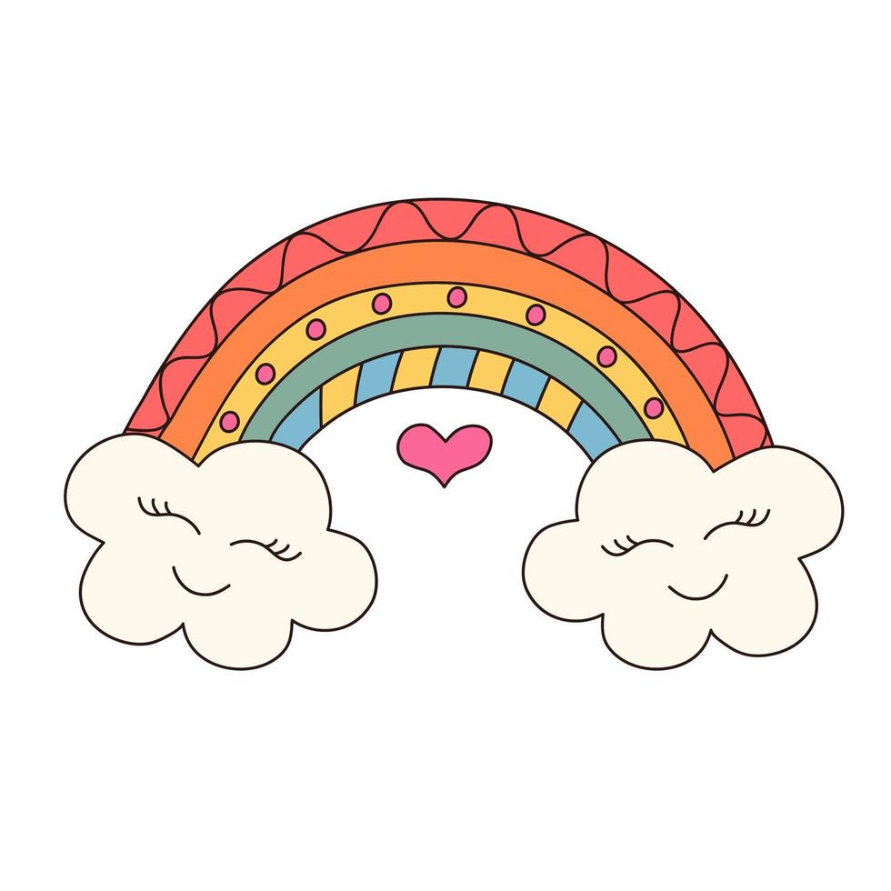 Cute rainbow character with clouds. Groovy retro hippie psychedelic clipart. vector