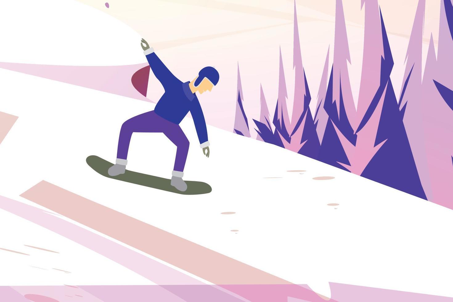 The boy is snowboarding on the hills. vector