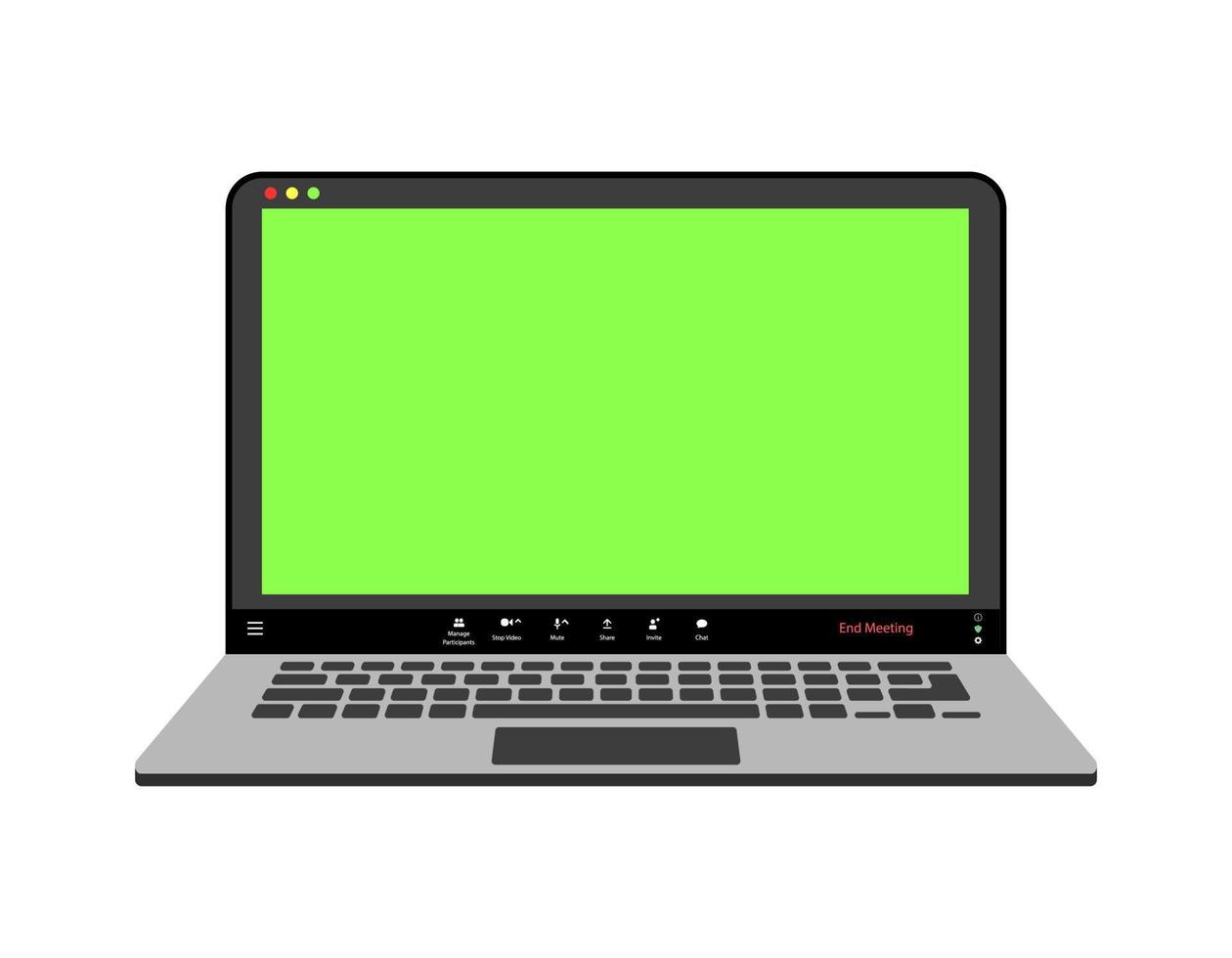 Videocall interface, video call screen icons and UI template for laptop, vector overlay. Video conference or videocall online chat mockup with chromakey for laptop application. One user