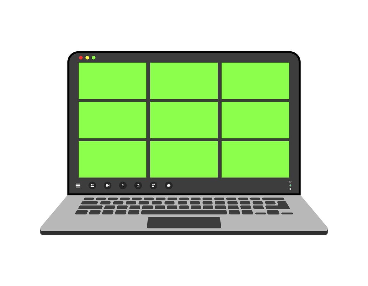 Videocall interface, video call screen icons and UI template for laptop, vector overlay. Video conference or videocall online chat mockup with chromakey for laptop application. Nine users