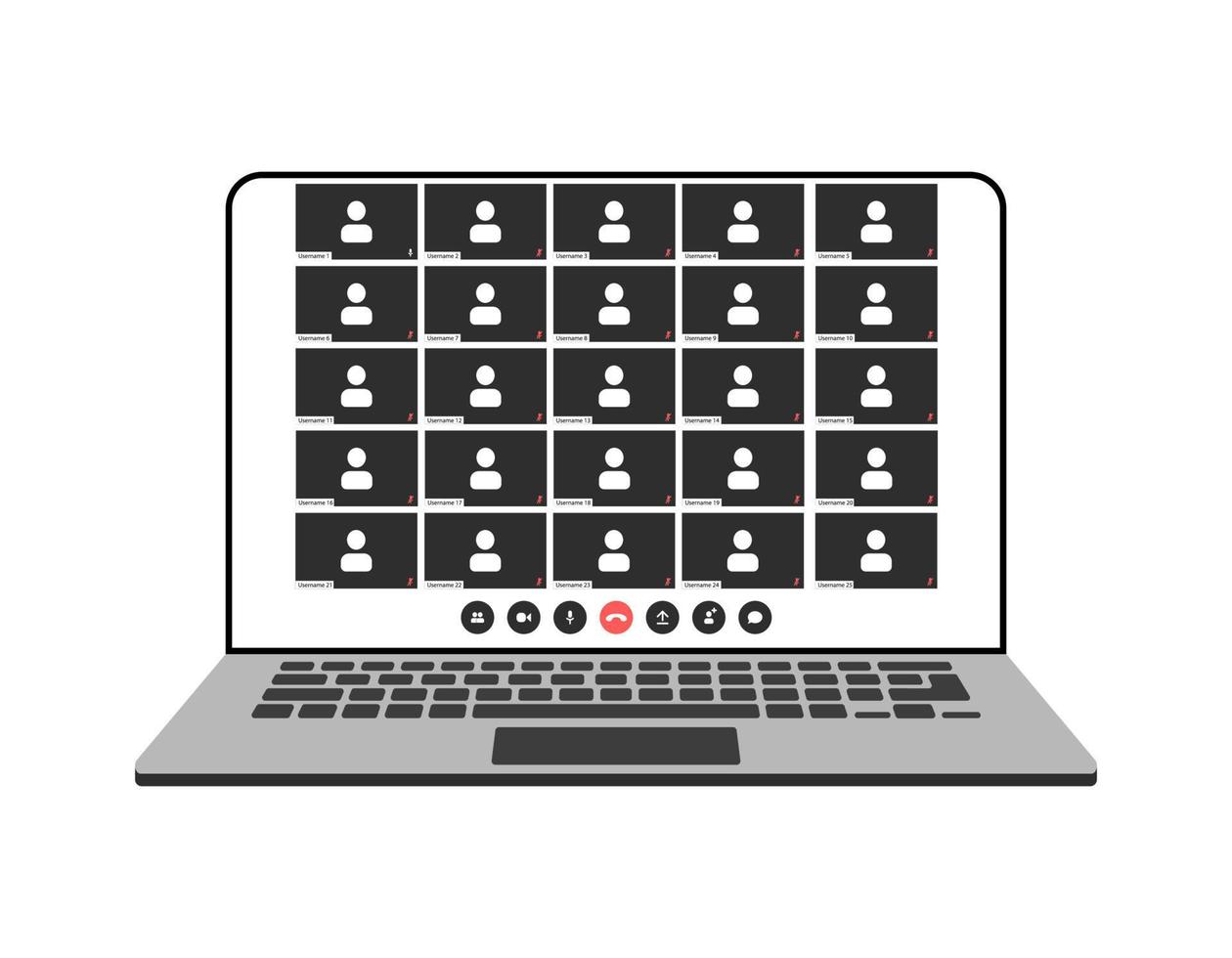 videollamada interfaz, vídeo llamada pantalla íconos y ui modelo para computadora portátil, vector cubrir. vídeo conferencia o videollamada en línea charla Bosquejo para ordenador portátil solicitud con llamada botones