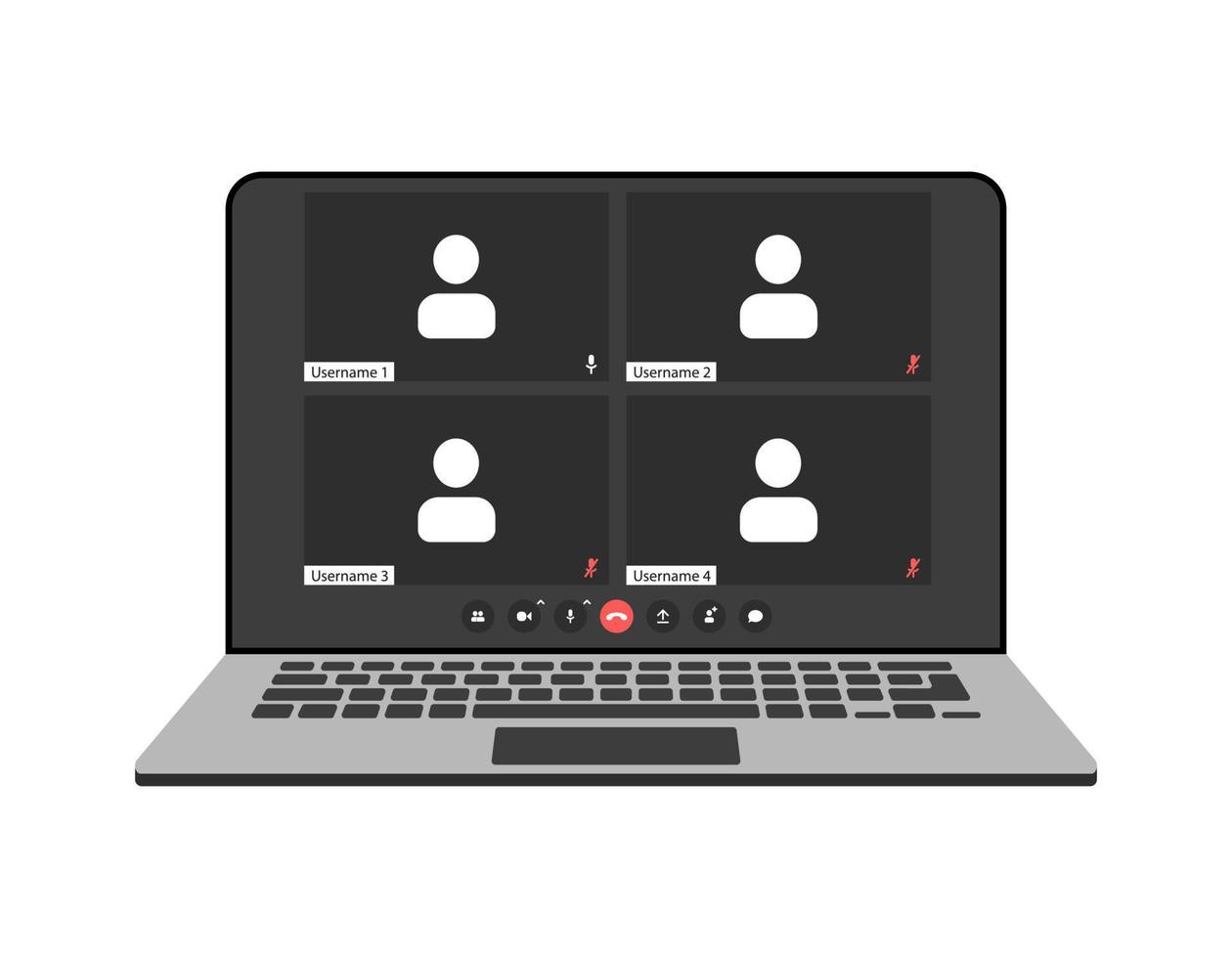 Videocall interface, video call screen icons and UI template for laptop, vector overlay. Video conference or videocall online chat mockup for laptop application with call buttons