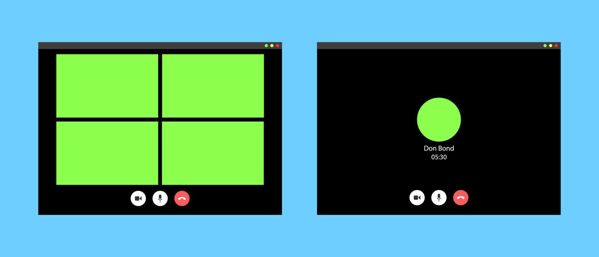 Videocall interface, video call screen icons and UI template, vector overlay. Video conference or videocall online chat mockup for mobile phone or computer laptop application with call buttons.