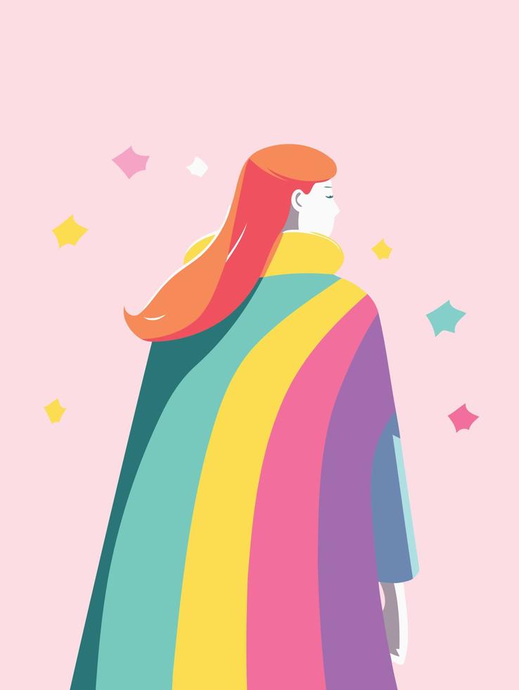 woman wearing colorful cape to represent pride day or pride month vector