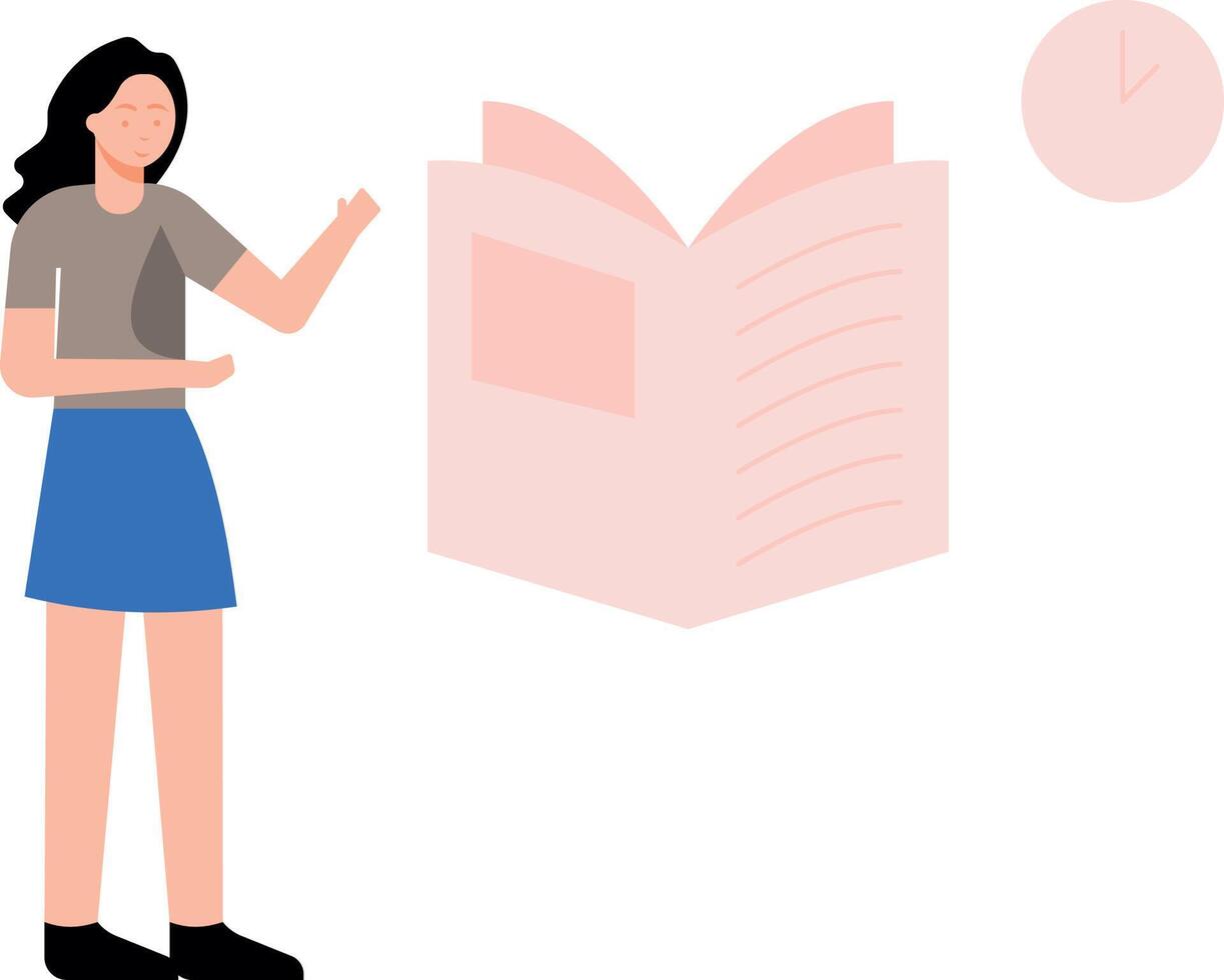 The girl is looking at the book. vector