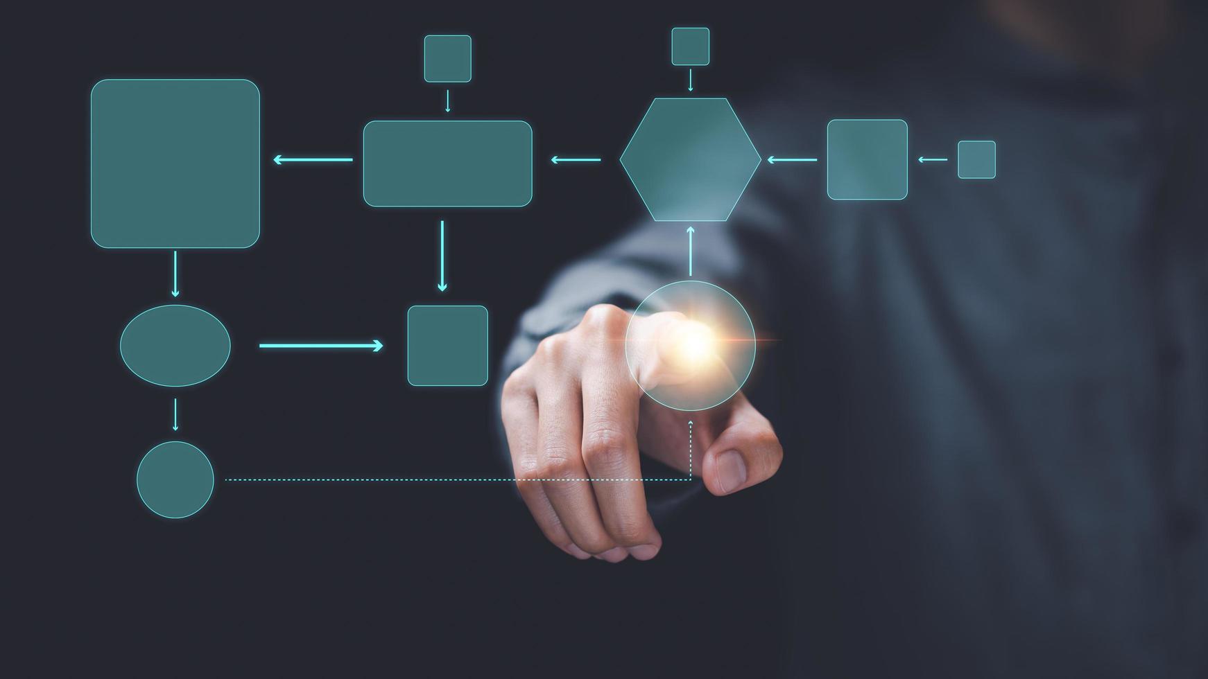 empresario demostración negocio proceso y flujo de trabajo con virtual diagrama de flujo,planificación y ajuste corporativo crecimiento metas ,negocio proceso mejoramiento ,negocio soluciones ,éxito estrategia pasos foto