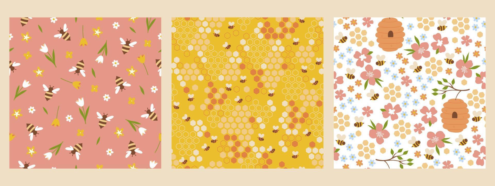 Set of seamless patterns with bees and flowers. Vector graphics.