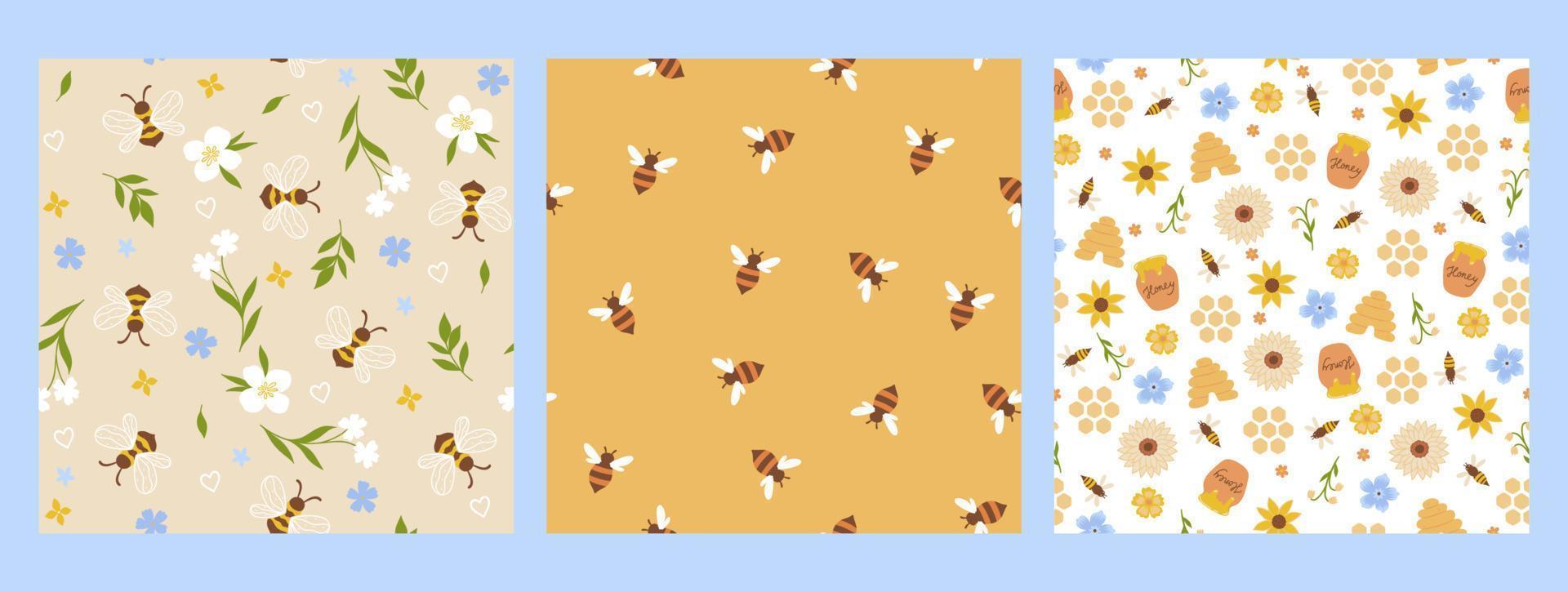 Set of seamless patterns with bees and flowers. Vector graphics.