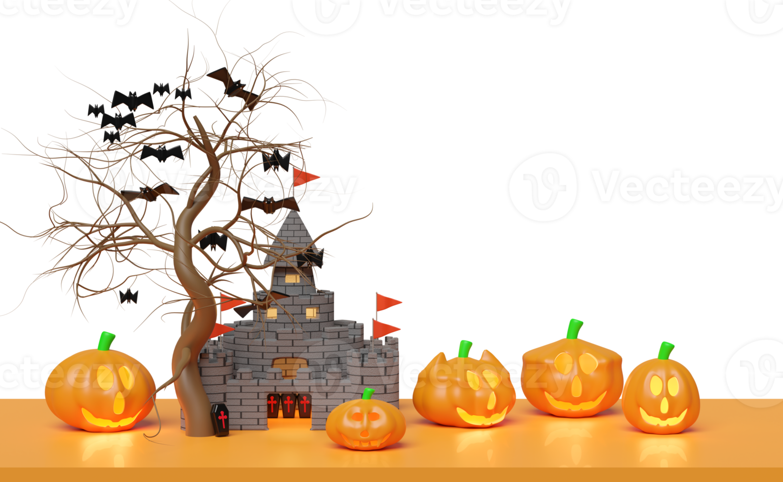 3d halloween pumpkin holiday party with haunted castle, flying bats, Scared Jack O Lantern and candle light in pumpkin for happy halloween, 3d render illustration, isolated. png