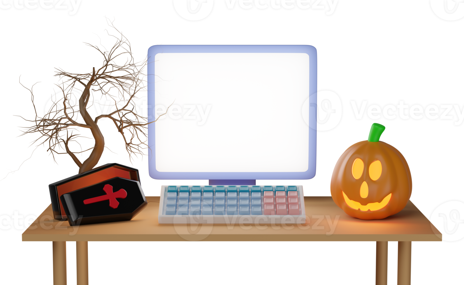 3d laptop computer on table with blank screen, coffin, candle light in pumpkin, tree isolated. happy halloween concept, 3d render illustration png