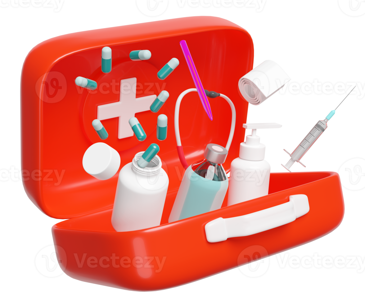3d röd först hjälpa utrustning öppen ikon isolerat. 3d framställa illustration png