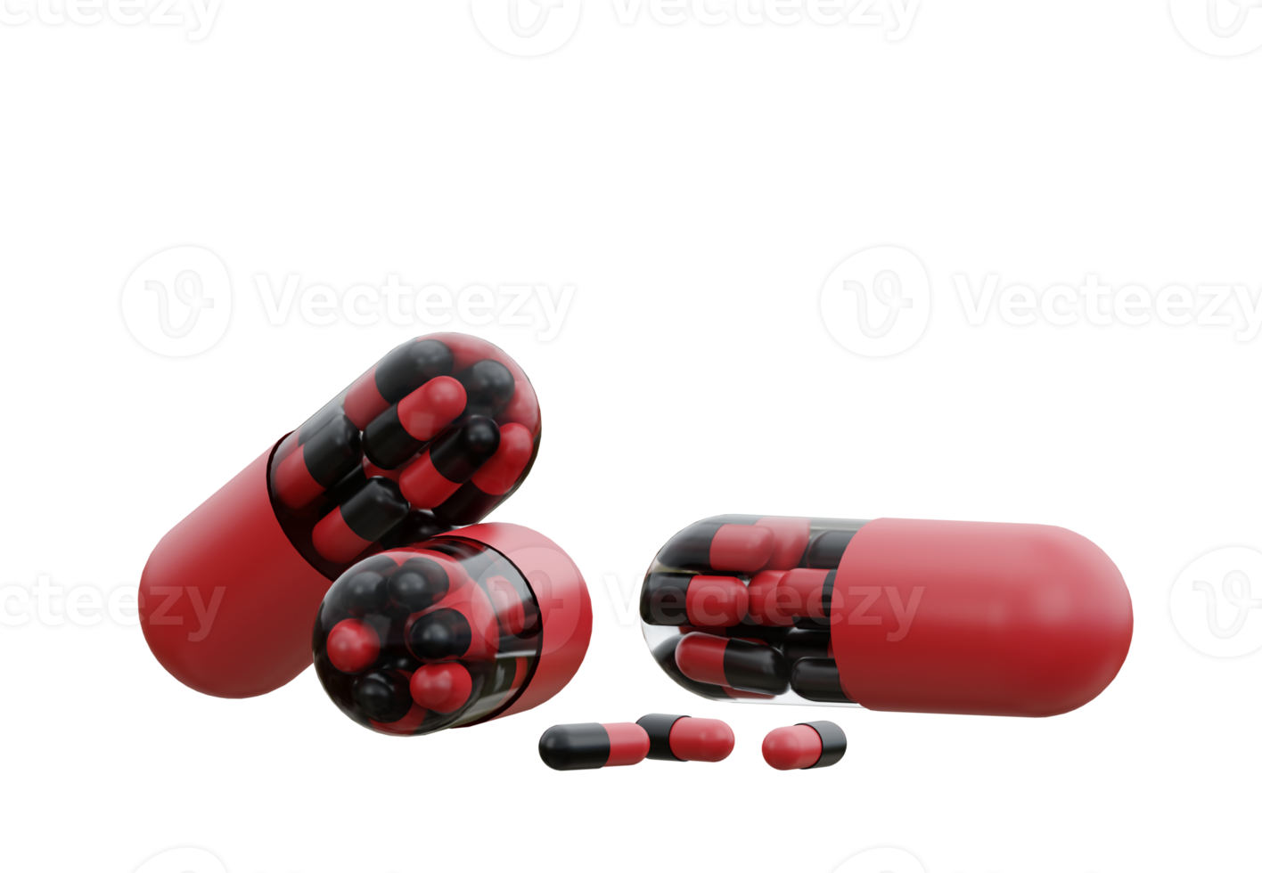 Black and Red Medicine Pills. Small pills inside big tablet capsules. 3D Rendering. Pharmacy and Healthcare concept. Drugs awareness. png