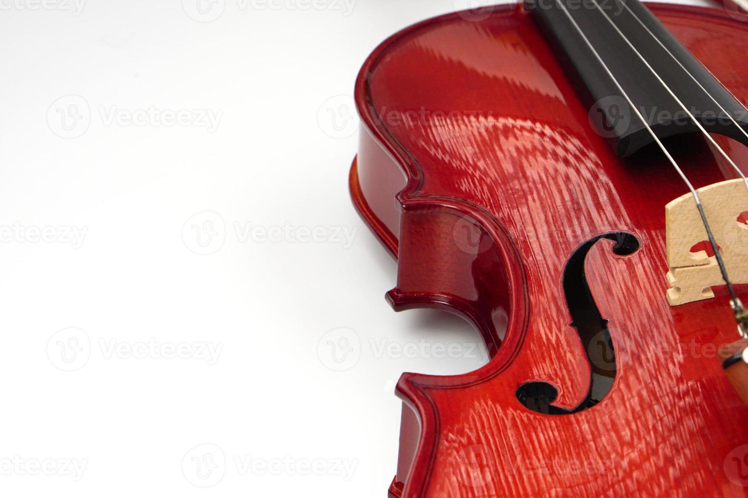 Close up of Violin Against on white background with copy space. Instrument and musical concept. photo