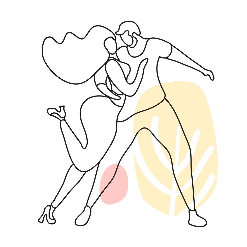 A beautiful couple are moving. Lovers dance bachata, salsa. Gentle line art with spots. Minimalism vector