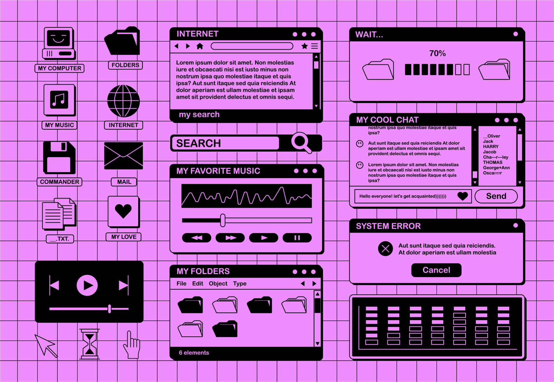 The screen of an old retro PC in the y2k style. Retro wave and ...