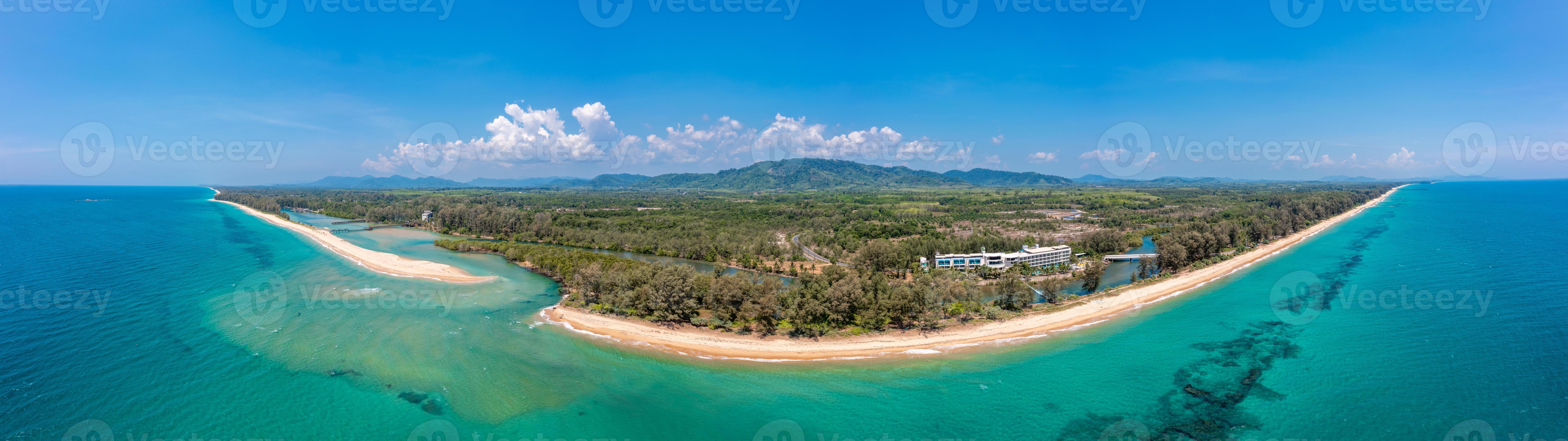 Drone panorama over Thai Natai Beach with mouth of Bo Dan River