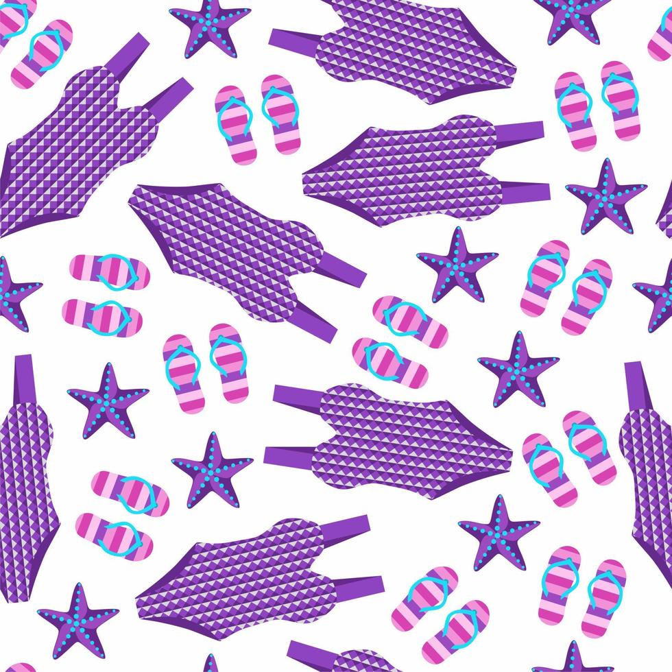 Seamless pattern with violet flip flop sandals, bikini, swimsuits, starfish. Repeating summer print. vector