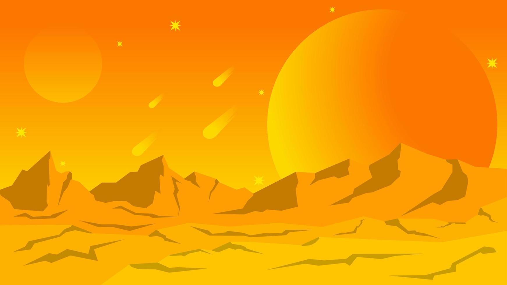 Science fiction landscape vector illustration. Orange yellow desert planet landscape space view. Fiction galaxy with sun and moon. Science fiction vector for background, wallpaper or illustration