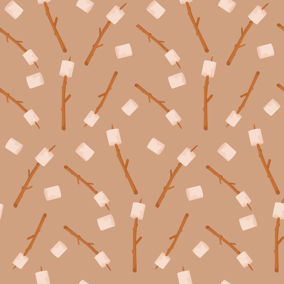 Seamless pattern of marshmallows on sticks for baking over a fire. Picnic, hiking, camping, hiking. Vector illustration in the flat style. Isolated on a white background.